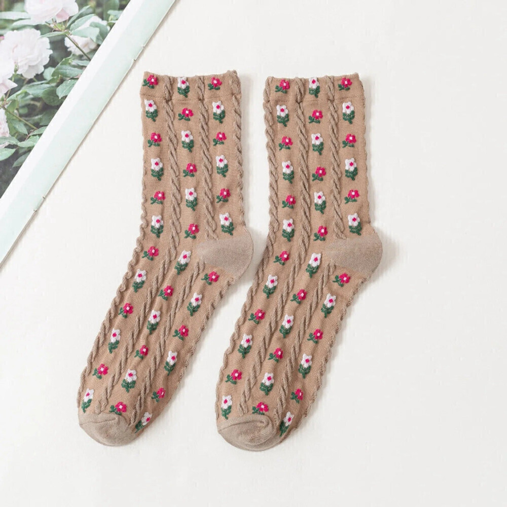 Breathable Floral Tube Socks in Light Brown